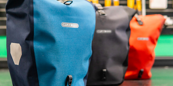 Ortlieb Back-Roller Plus panniers in Denim Blue, Graphite and Chilli Red
