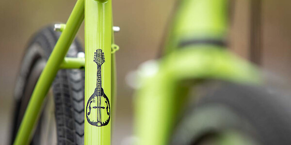 Surly Disc Trucker touring bike, frame decal detail, in Pea Lime Soup