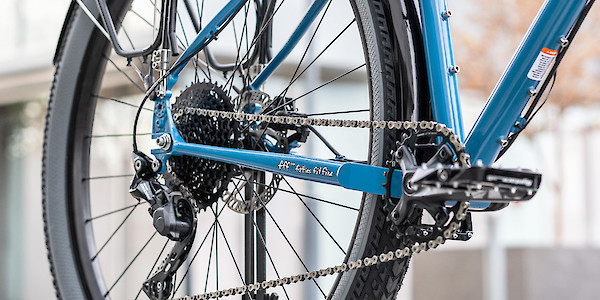 Drivetrain detail on a custom-built Surly Ogre bicycle in Tangled Up In Blue.