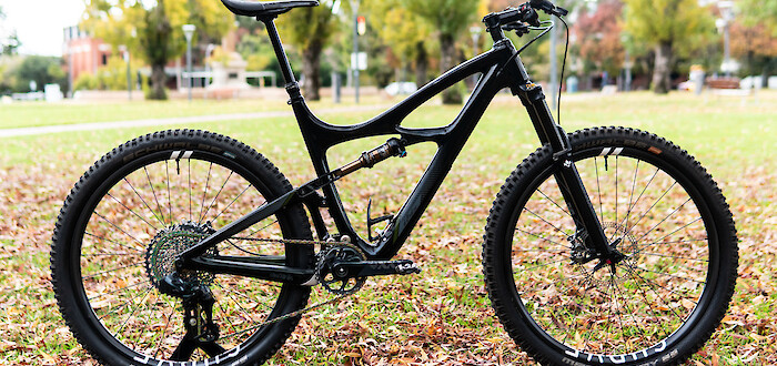 Custom-built Ibis Mojo 3 carbon mountain bike, against a leafy park background