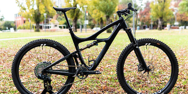 Custom-built Ibis Mojo 3 carbon mountain bike, in a leafy autumn-tinged park
