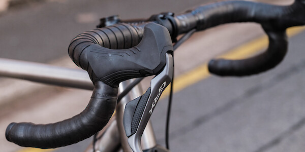 Shimano GRX shifter detail on a Bossi Grit SX titanium gravel bicycle