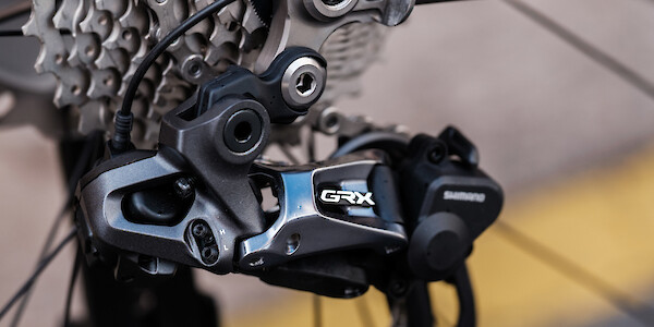 Shimano GRX rear derailleur detail, fitted to a Bossi Grit SX titanium gravel bicycle