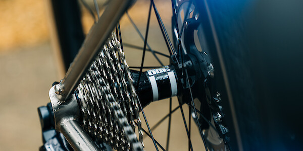 Detail of a DT Swiss hub hand-laced into a rear bicycle wheel, fitted to a titanium Bossi Summit