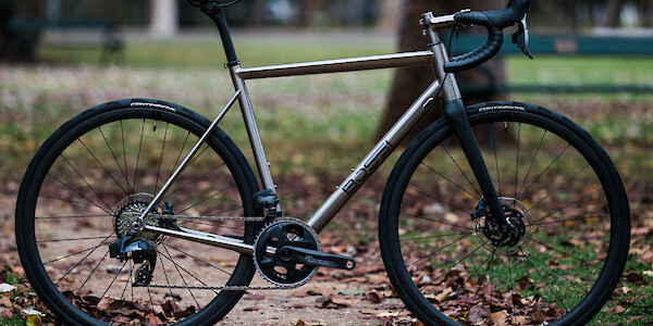 Titanium Bossi Strada road bike in a custom build, against a leafy backdrop