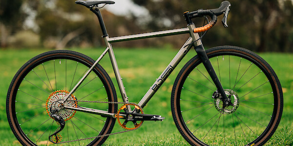 Custom-built Bossi Grit titanium bicycle against a backdrop of greenery