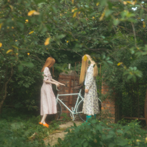 A stylised 70s photo of two long-haired women in a garden, staring at a bicycle