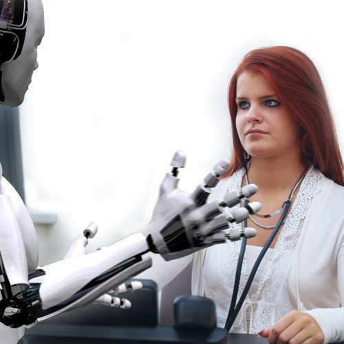 A redheaded girl looking extremely unimpressed as a robot mansplains (robotsplains?) something to her.