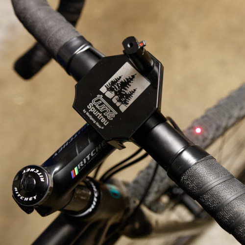 A headstem laser alignment tool fitted on a bicycle