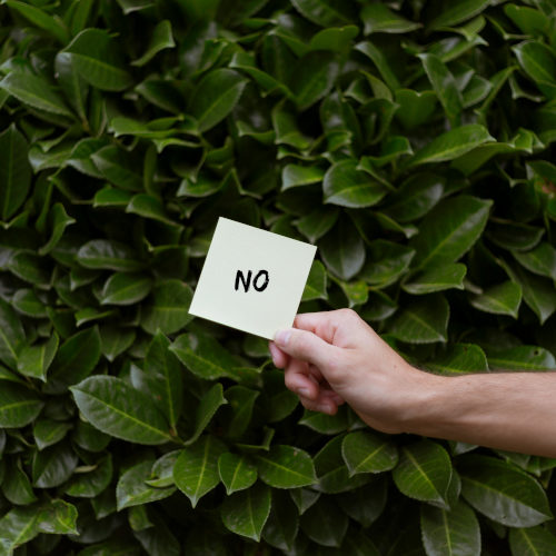 A hand holding a post-it in front of a hedge. The post-it reads: NO.
