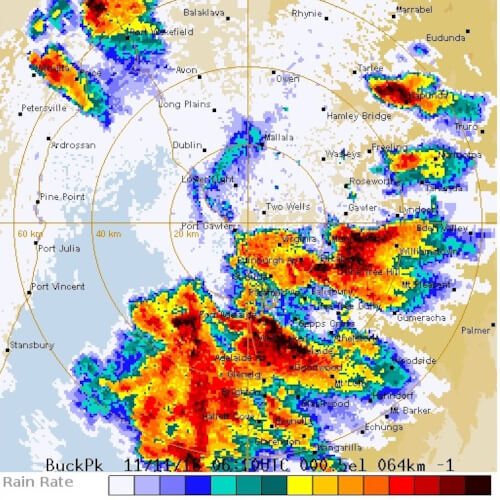 The BOM weather radar over Adelaide, showing a very heavy rainfall coming through.