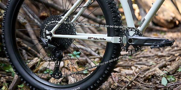 Surly Karate Monkey bike in Snow Mould White, concentrating on gear and drivetrain detail