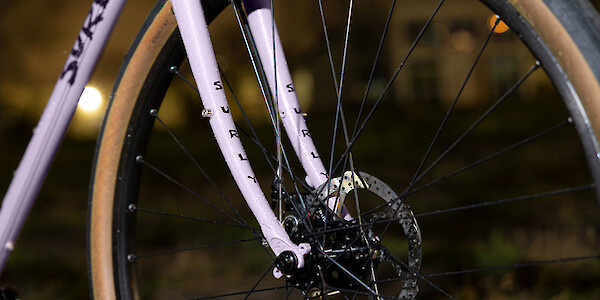 Surly Midnight Special bike, fork mounting point detail, in Metallic Lilac