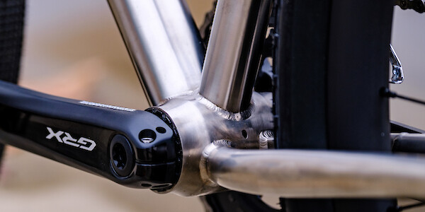 Bottom bracket detail on a Bossi Grit SX titanium gravel bike