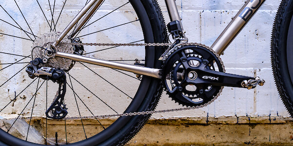 Drivetrain detail on a Bossi Grit SX titanium gravel bike