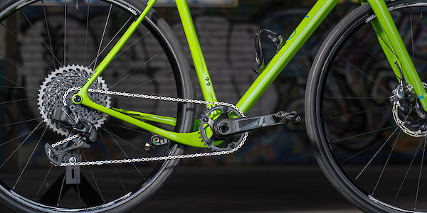 Open Cycles UP custom build in lime green, drivetrain detail