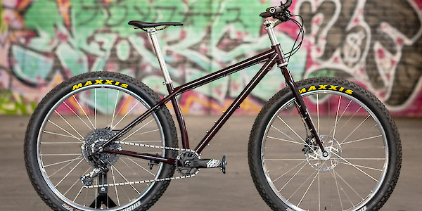 Custom-built Surly Krampus mountain bike in Pickled Beet, shot against a colourful graffitied wall