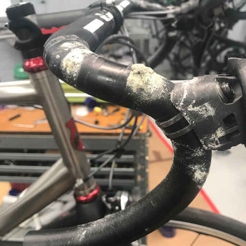 A set of bicycle handlebars with piles of dried-up sweat on them that's turned to salt. Ewwwww!