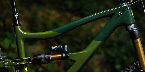 Frame detail on an Ibis Ripmo V2S mountain bike in Bruce Banner Green