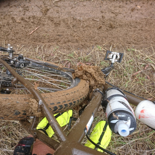 Top view of a bicycle covered in mud