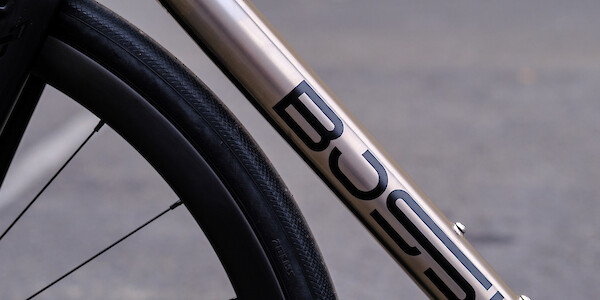 Frame decal detail on a titanium Bossi Summit road bike