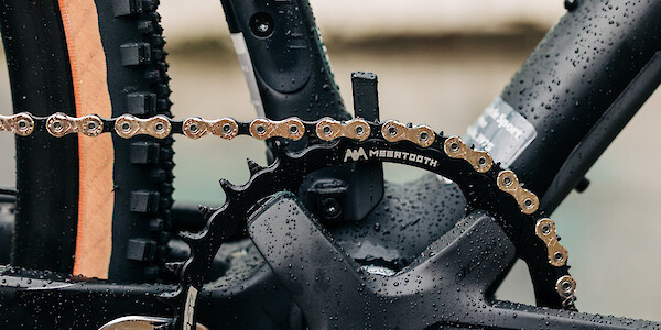 Chain catcher and crank detail on a Fuji Jari 1.3 Carbon gravel bicycle, covered in rain droplets