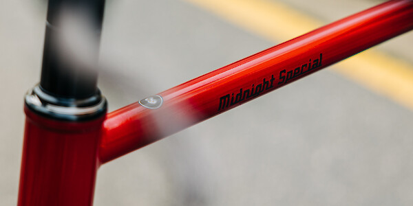 Frame decal on a Surly Midnight Special bicycle in Strawberry Sparkle