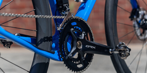 Shimano GRX crankset detail on a custom-built Open Cycles U.P. carbon bicycle