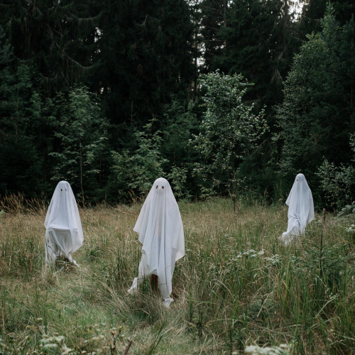 Three ghosts (or maybe just sheets on sticks) in a forest clearing
