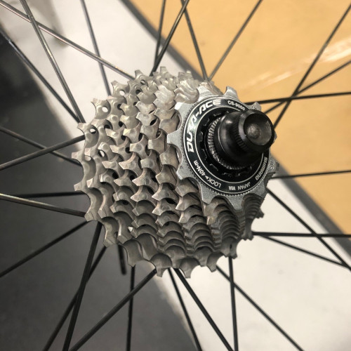 Close-up of a Shimano Dura-Ace cassette on a bicycle wheel