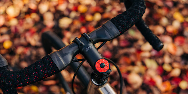 A Bossi Strada titanium road bike, viewed from above, against a backdrop of autumn leaves. Red Garbaruk cap and Ciclovation bar tape are visible, matching the leaf tones.