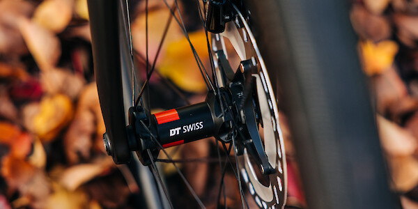 Close-up on a DT Swiss hub built into a carbon road wheel, autumn leaves in the background