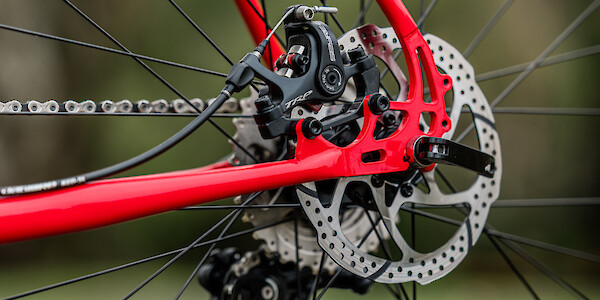 Genesis Croix de Fer 20 bike in Red Zepplin, rear brake detail