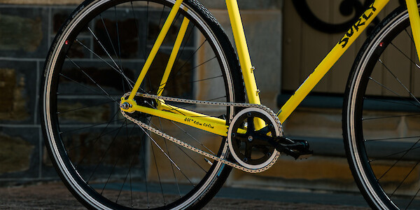 Surly Steamroller bicycle, custom build in Banana Candy yellow, drivetrain detail