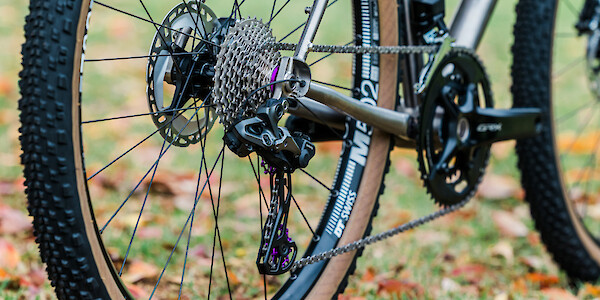 Drivetrain and rear wheel detail on a custom titanium Bossi Grit SX gravel bike, on a leaf-strewn lawn