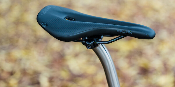 An Ergon saddle and Bossi titanium post fitted to a Bossi titanium Grit bicycle