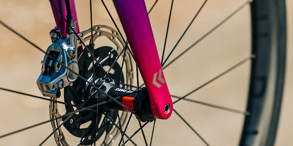 Close-up detail on a pink and purple custom-painted Curve bicycle fork