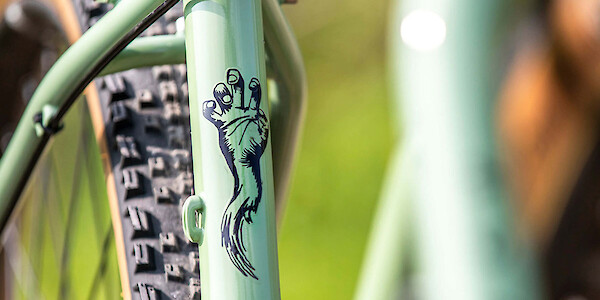 Surly Grappler bike in Sage Green, frame decal detail