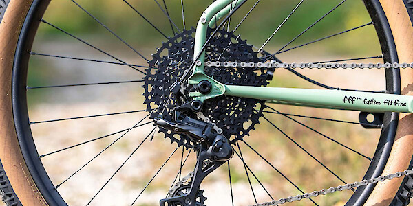 Surly Grappler bike, drivetrain detail, in Sage Green
