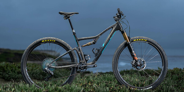 Ibis Exie carbon mountain bike in Bug Zapper Blue against a moody backdrop of surf and sea foliage