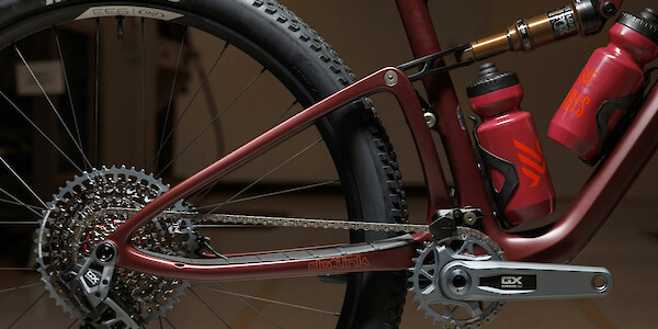 Pivot and drivetrain detail on an Ibis Exie USA mountain bike in Blood Orange Burgundy.