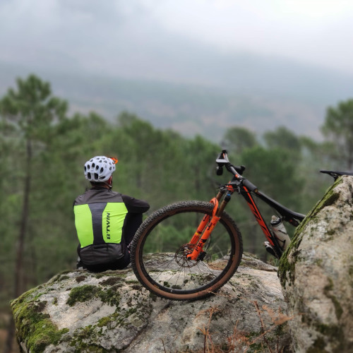 A man sitting on a rocky outcrop next to a mountain bike, looking at the view with his back to the camera