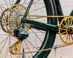 Gold Garbaruk bicycle components fitted to a green Time road bicycle, custom-built by Bio-Mechanics Cycles & Repairs