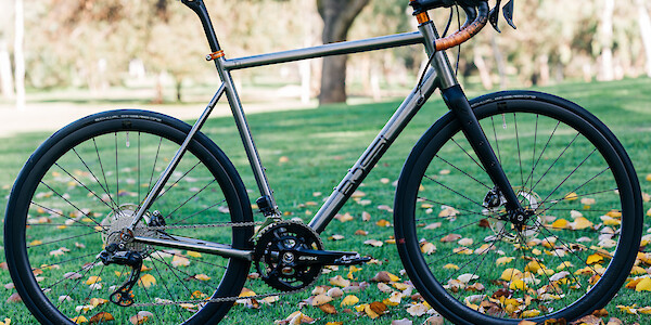 Custom-built Bossi Grit SX titanium gravel bike with road wheels, against a park backdrop