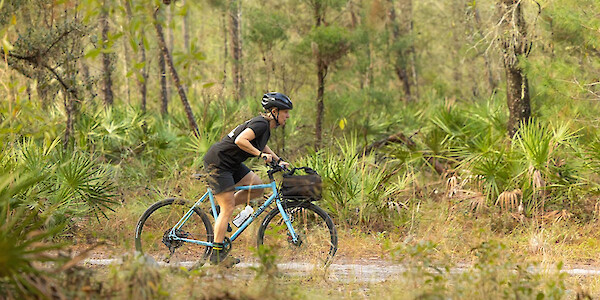 A cyclist on a Surly Preamble flat bar bike, pedalling hard on a forest road. She is wearing black, with a black helmet.