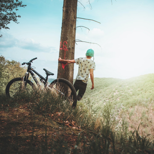 A mountain biker standing next to their bike, leaning on a tree and looking out at the hills in the distance.
