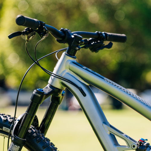 Frame detail on an aluminium Ibis mountain bike, in a sunny park