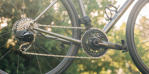 SRAM drivetrain detail of a custom-built titanium Bossi Summit bicycle by Bio-Mechanics Cycles & Repairs.