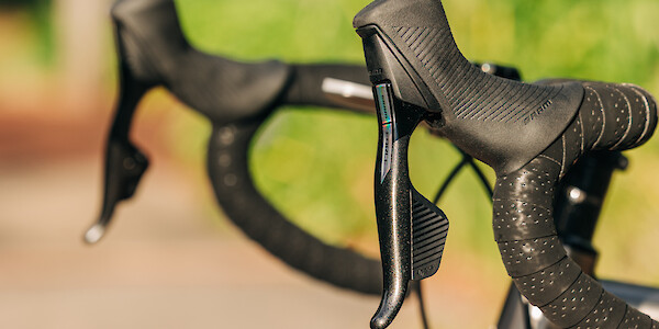 SRAM shifter detail on a custom-built titanium Bossi Summit bicycle by Bio-Mechanics Cycles & Repairs.