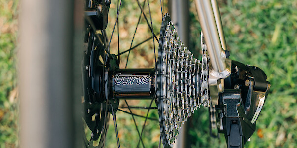 A Tune ClimbHill hub which has been laced into a handbuilt carbon wheel, fitted to a custom-built titanium Bossi Summit bicycle by Bio-Mechanics Cycles & Repairs